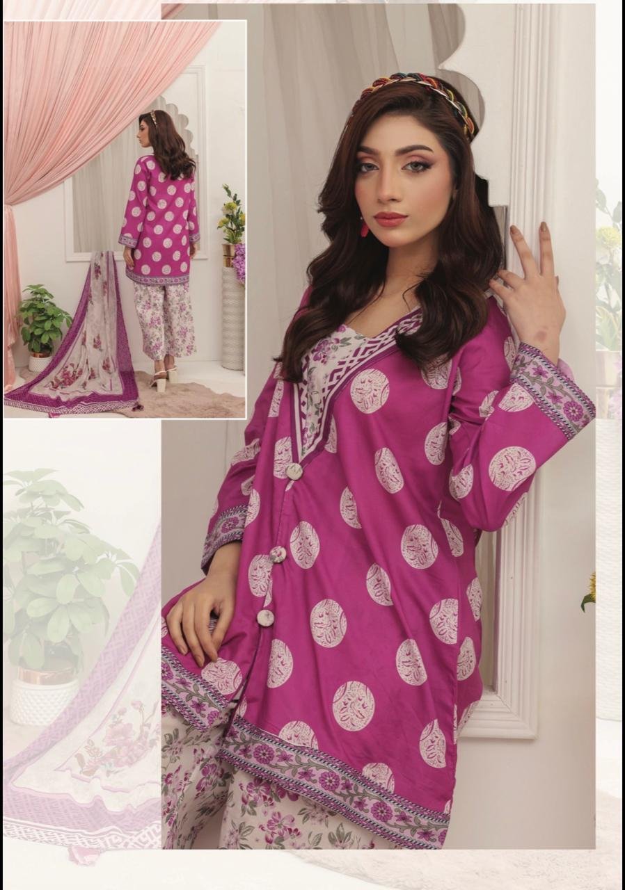 Blush Pink & Teal Floral Printed 3-Piece Lawn Suit