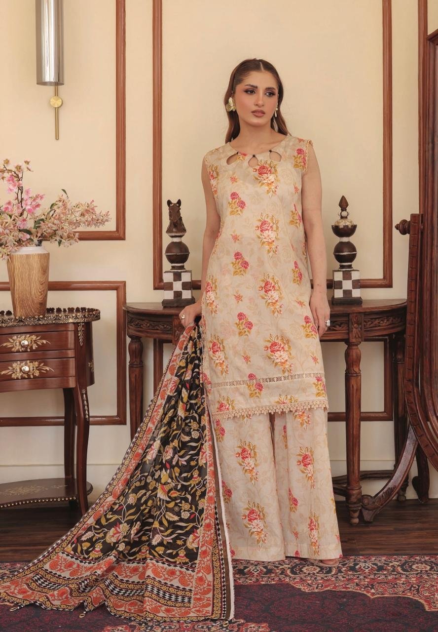 Coral Pink & Burgundy Block Print Style 3-Piece Suit