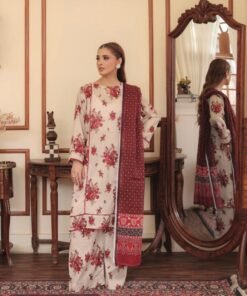 Cream & Crimson Floral 3-Piece Lawn Suit