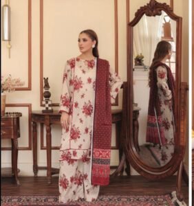 Cream & Crimson Floral 3-Piece Lawn Suit