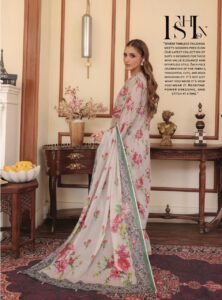 Cream Floral Printed Long Kurta with Gray Contrast Dupatta