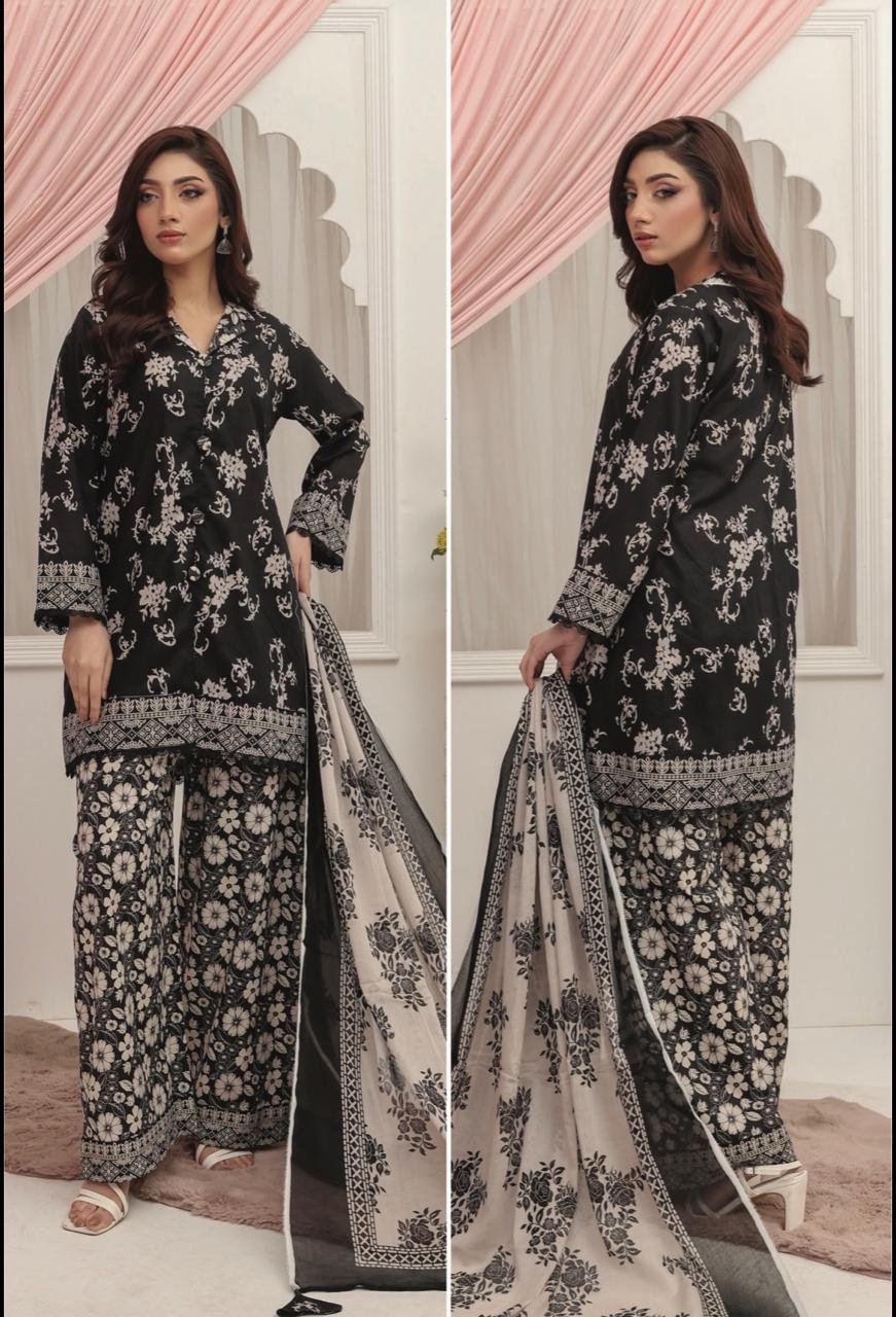 Cream & Lavender Violet Floral Printed Lawn Suit