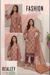 Lilac Gray Blossom 3-Piece Lawn Suit with Chevron Detailing