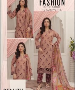 Lilac Gray Blossom 3-Piece Lawn Suit with Chevron Detailing