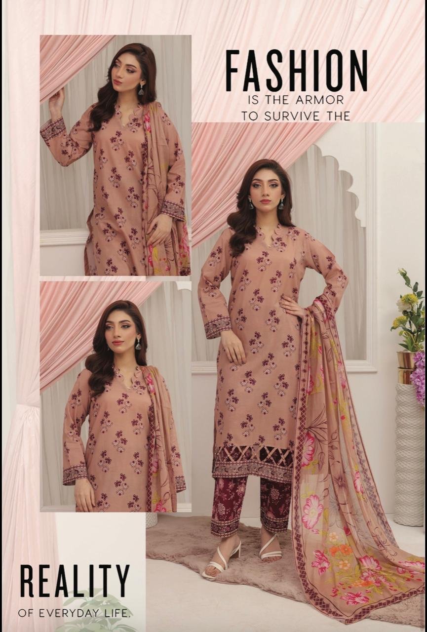 Lilac Gray Blossom 3-Piece Lawn Suit with Chevron Detailing