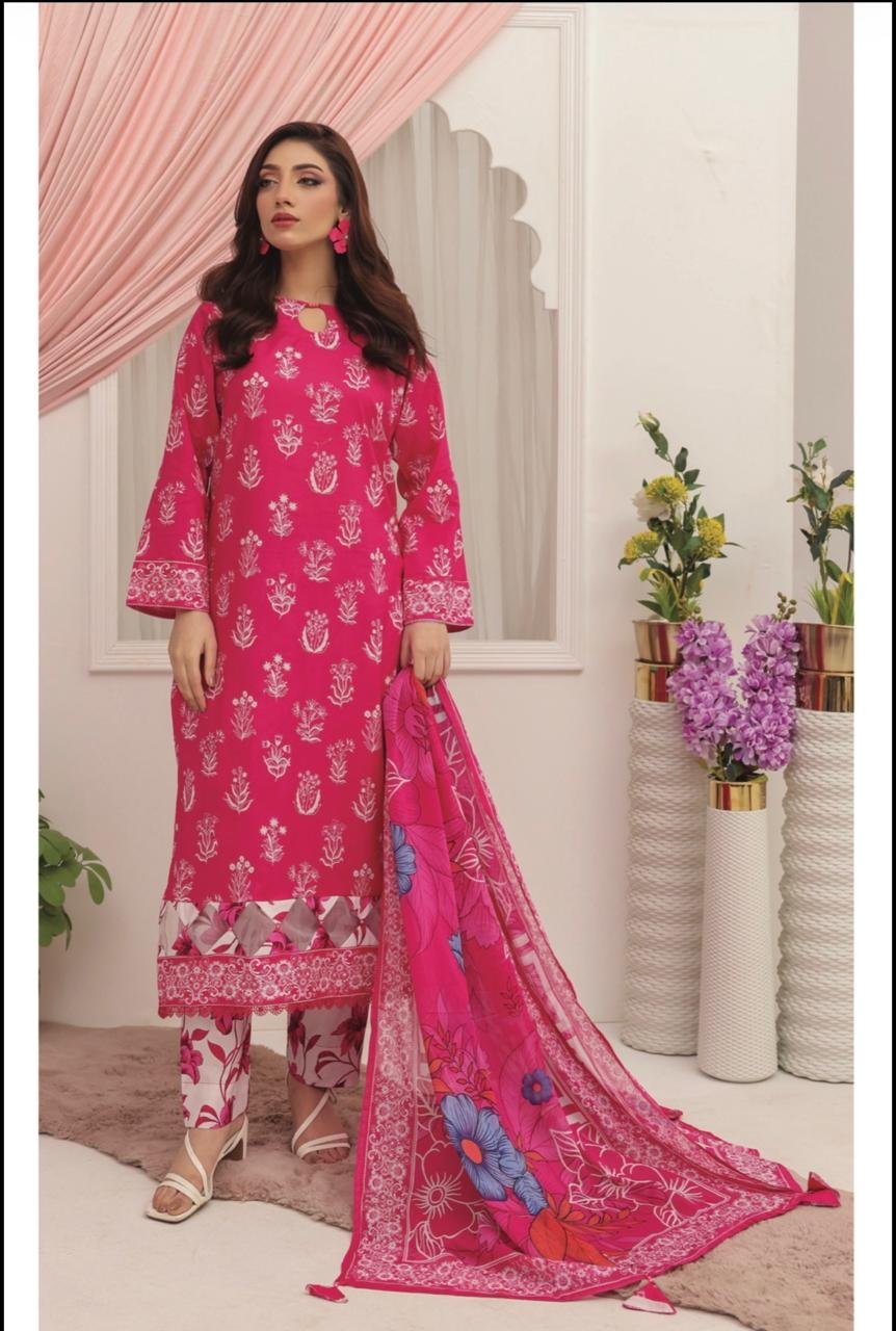 Magenta & Cream Circle Print Angrakha Style 3-Piece Suit
