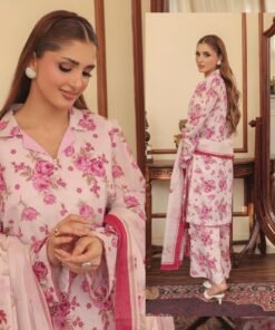 Pastel Pink & Magenta Rose Collared 3-Piece Lawn Suit
