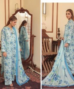 Powder Blue & Royal Floral Printed 3-Piece Lawn Suit with Pearl Trims