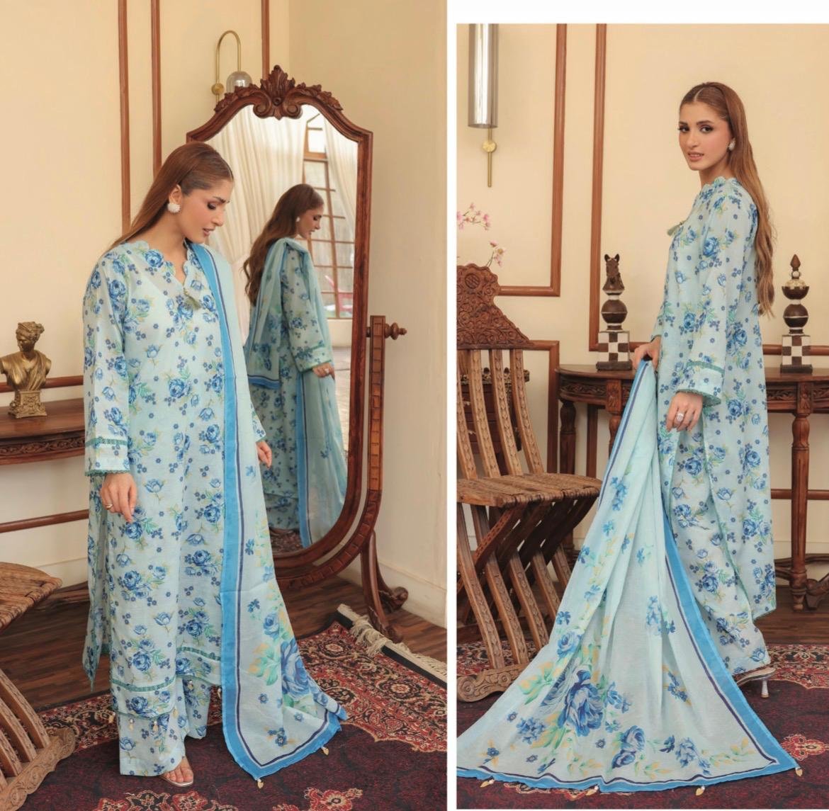 Powder Blue & Royal Floral Printed 3-Piece Lawn Suit with Pearl Trims