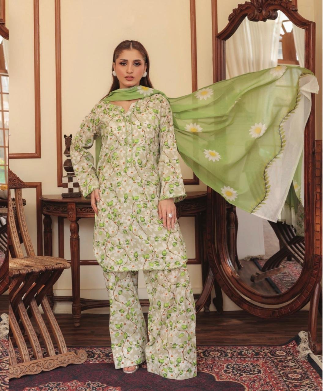 Royal Blue & Off-White V-Neck Botanical Kurta Suit