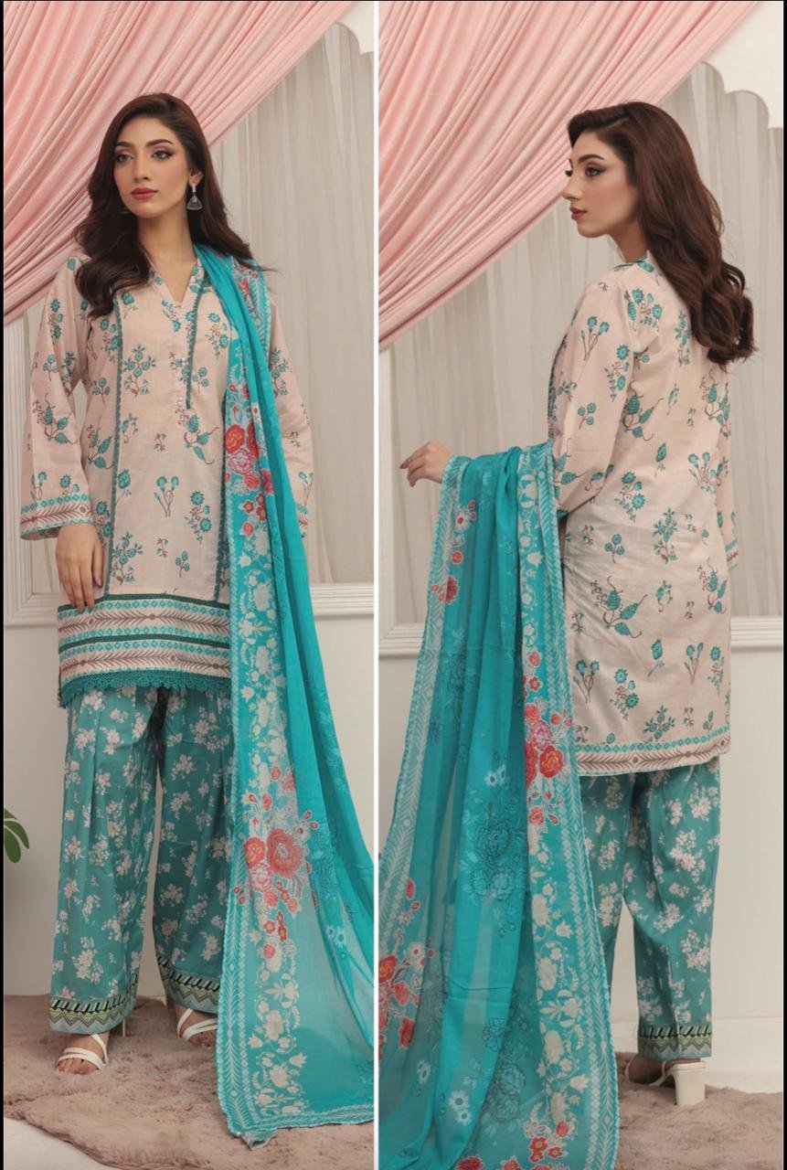 Royal Purple & Magenta Floral 3-Piece Lawn Suit