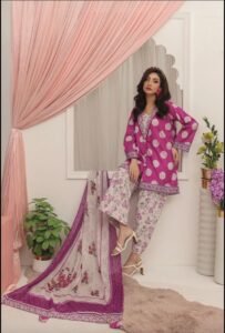 Royal Purple & Magenta Floral Tasseled 3-Piece Lawn Suit
