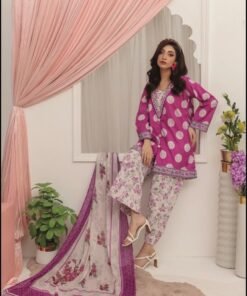 Royal Purple & Magenta Floral Tasseled 3-Piece Lawn Suit