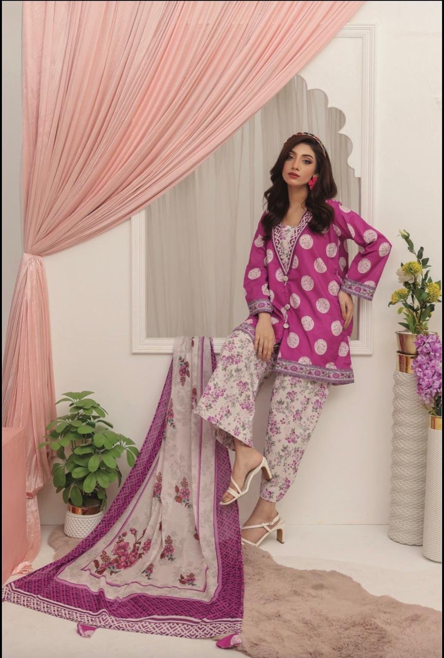 Royal Purple & Magenta Floral Tasseled 3-Piece Lawn Suit