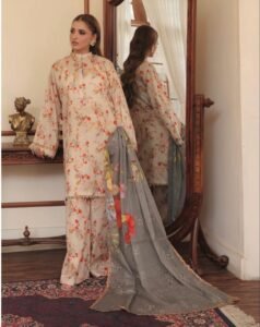 Soft Gray Floral Garden 3-Piece Suit with Border Tassels
