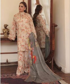 Soft Gray Floral Garden 3-Piece Suit with Border Tassels