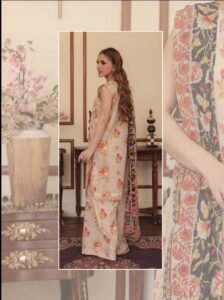 Soft Ivory & Gray Floral Print 3-Piece Lawn Suit