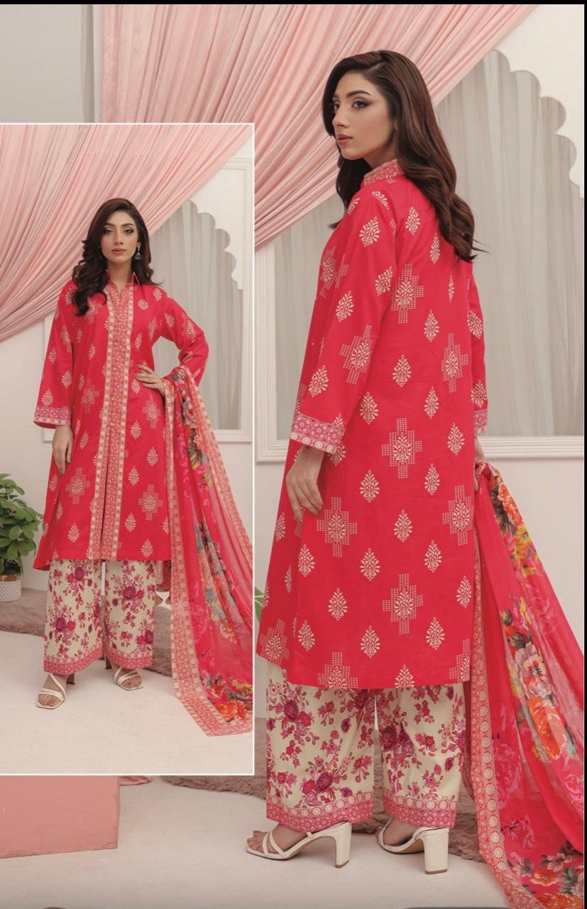 Vibrant Hot Pink Motif Printed 3-Piece Lawn Suit