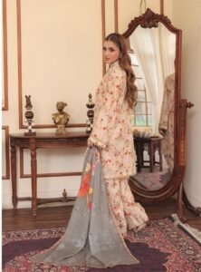 Vintage Floral Print Sleeveless Beige Lawn Suit
