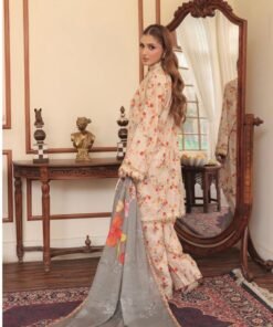 Vintage Floral Print Sleeveless Beige Lawn Suit
