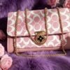 Elegant Pink & White Monogram Patterned Shoulder Bag with Gold Chain Strap