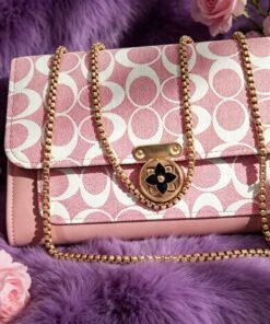 Elegant Pink & White Monogram Patterned Shoulder Bag with Gold Chain Strap