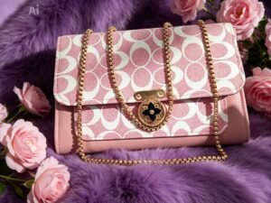 Elegant Pink & White Monogram Patterned Shoulder Bag with Gold Chain Strap