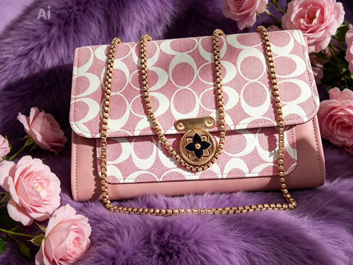 Elegant Pink & White Monogram Patterned Shoulder Bag with Gold Chain Strap