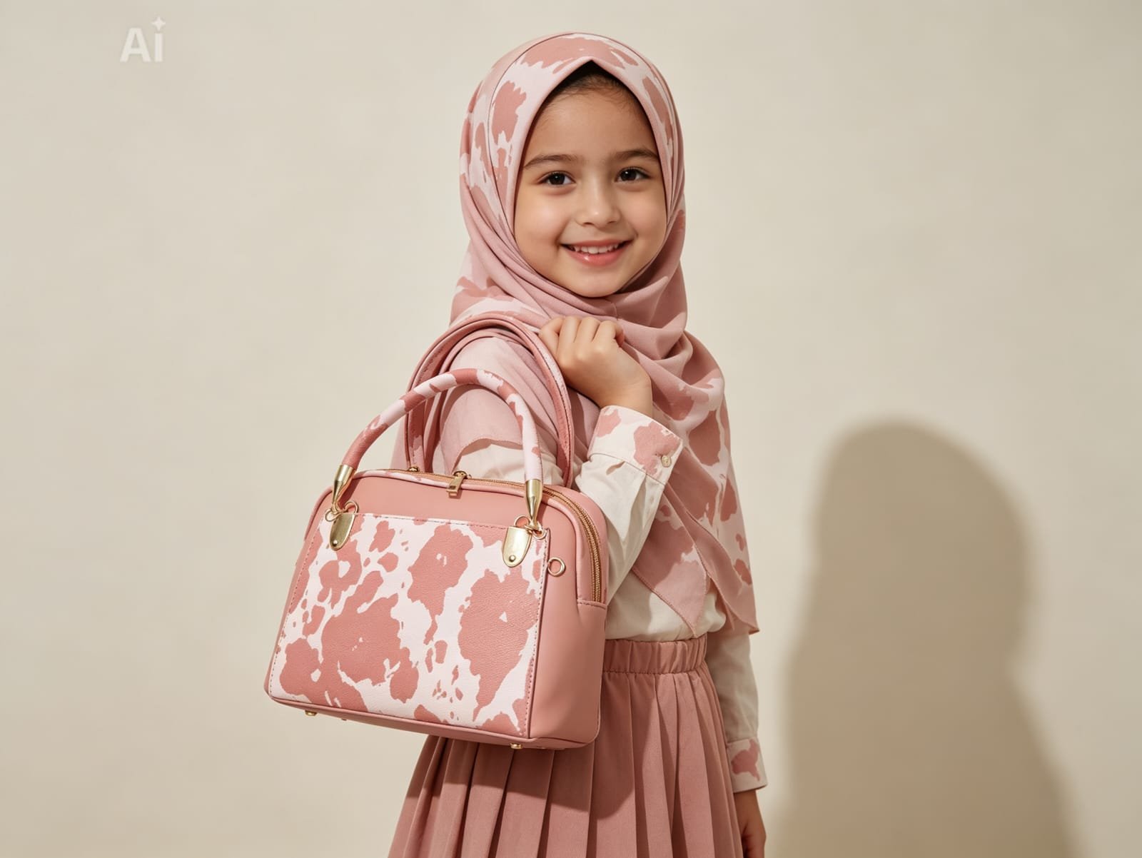 High Quality Cow Print Leather Shoulder Bag - Dusty Pink & White