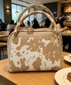 High Quality Cow Print Leather Shoulder Bag - Dusty Pink & White