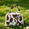 High Quality Cow Print Leather Shoulder Bag - Soft Beige Tan & White
