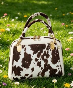 High Quality Cow Print Leather Shoulder Bag - Soft Beige Tan & White