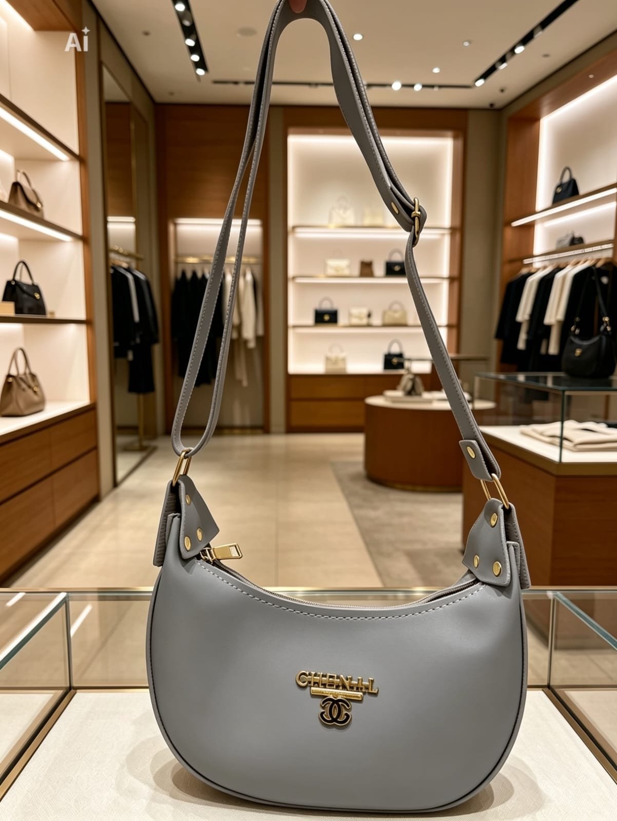 High Quality Soft Leather Crescent Shoulder Bag - Cool Grey