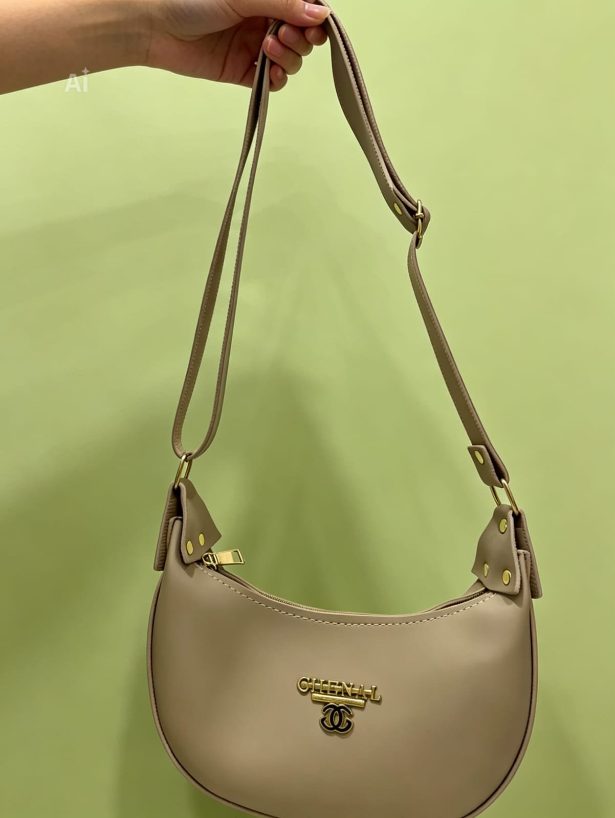 High Quality Soft Leather Crescent Shoulder Bag - Taupe Beige