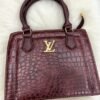 Luxury Crocodile Embossed Leather Tote Bag with LV Gold Logo - Chestnut Brown