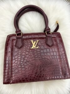 Luxury Crocodile Embossed Leather Tote Bag with LV Gold Logo - Chestnut Brown