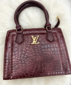 Luxury Crocodile Embossed Leather Tote Bag with LV Gold Logo - Deep Maroon Burgundy