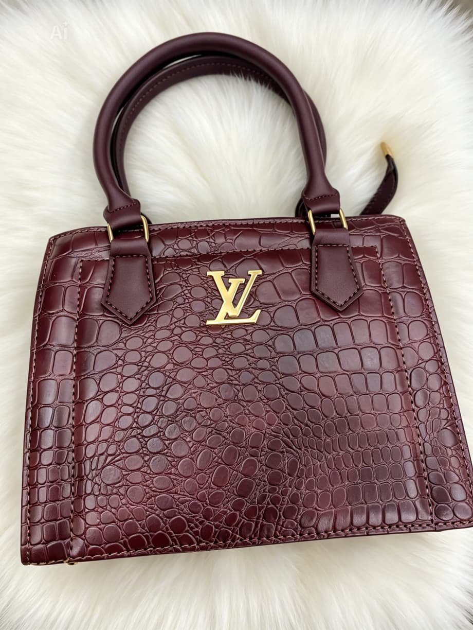 Luxury Crocodile Embossed Leather Tote Bag with LV Gold Logo - Deep Maroon Burgundy