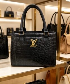 Alternative view of Luxury Crocodile Embossed Leather Tote Bag with LV Gold Logo - Midnight Black