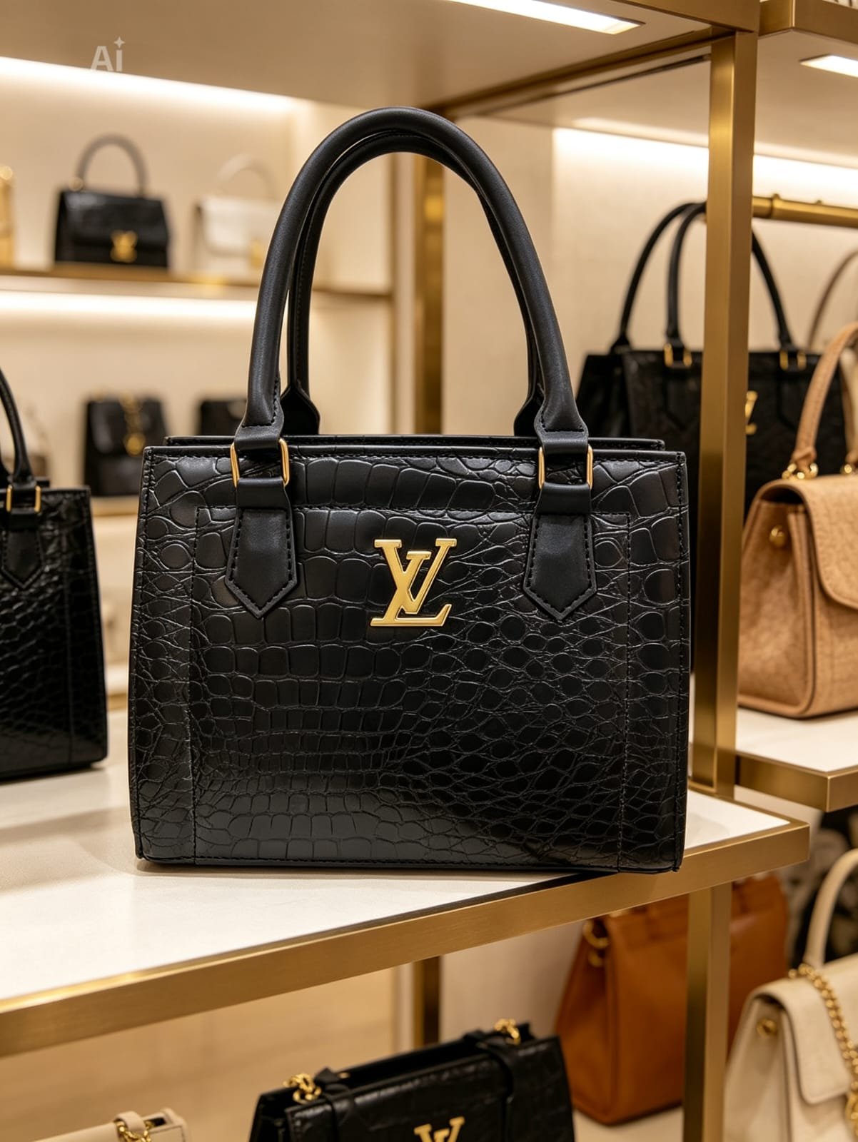 Luxury Crocodile Embossed Leather Tote Bag with LV Gold Logo - Midnight Black - Image 2