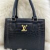 Luxury Crocodile Embossed Leather Tote Bag with LV Gold Logo - Midnight Black