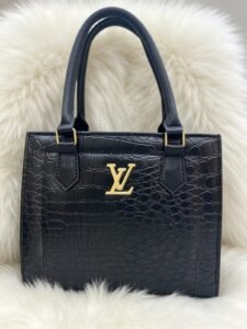 Luxury Crocodile Embossed Leather Tote Bag with LV Gold Logo - Midnight Black