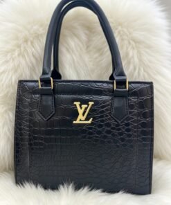 Luxury Crocodile Embossed Leather Tote Bag with LV Gold Logo - Midnight Black