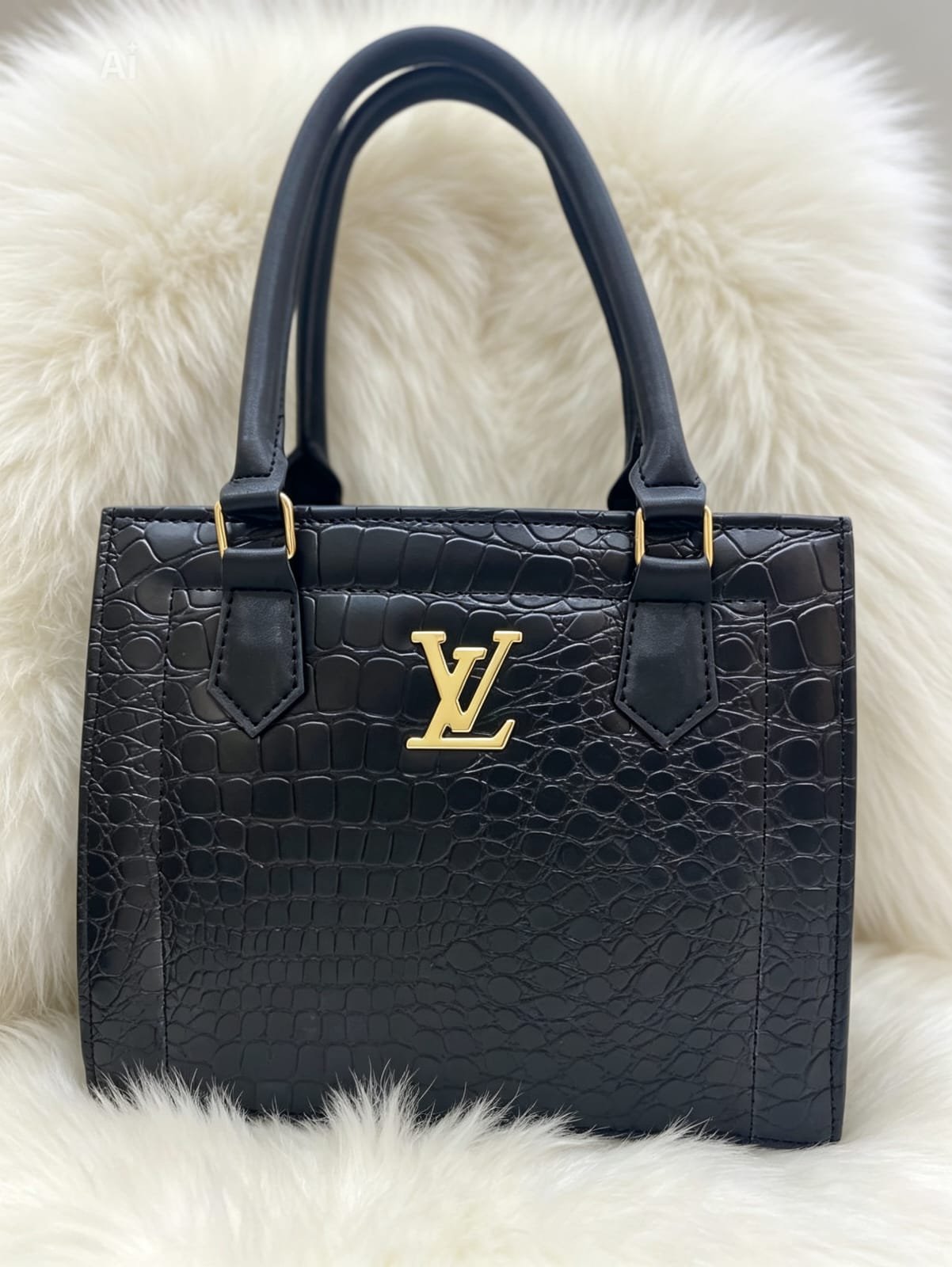 Luxury Crocodile Embossed Leather Tote Bag with LV Gold Logo - Midnight Black