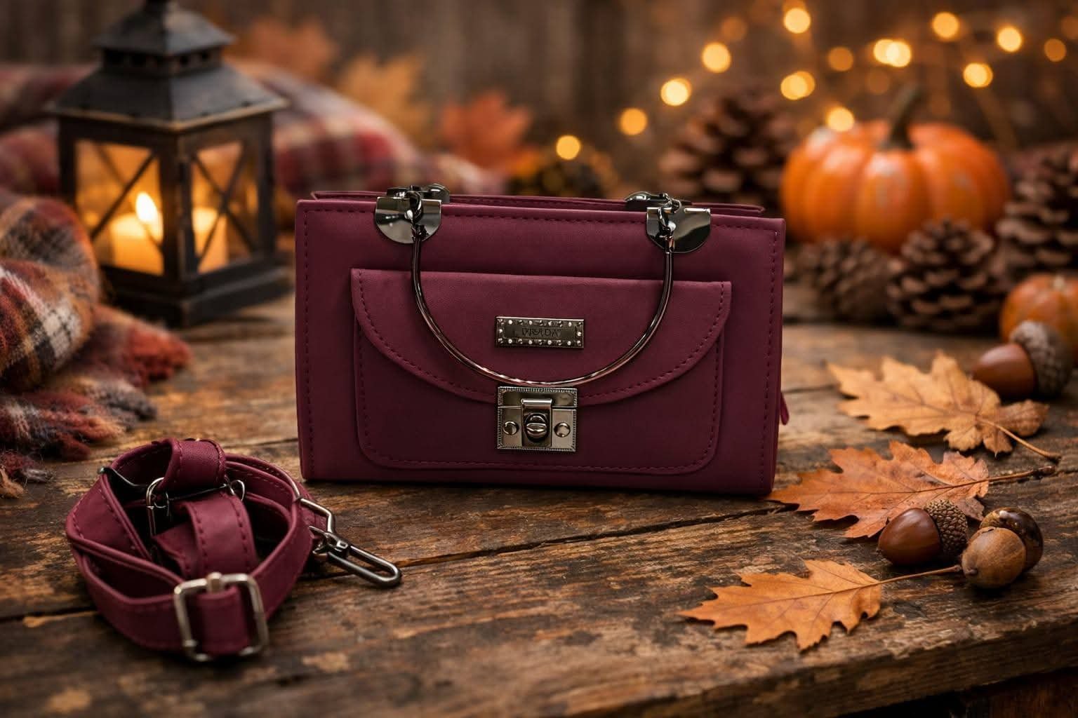 Luxury Metal Handle Flap Shoulder Bag - Deep Wine Maroon