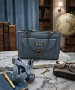 Luxury Metal Handle Flap Shoulder Bag - Dusty Slate Blue