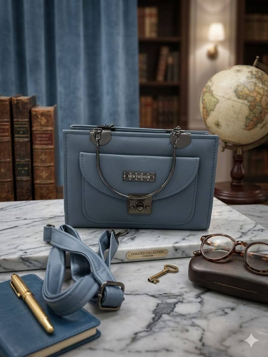 Luxury Metal Handle Flap Shoulder Bag - Dusty Slate Blue