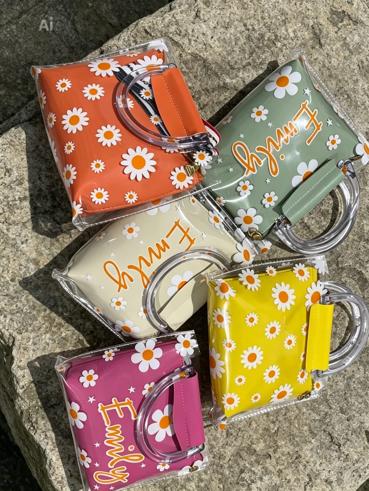 Shop 2-piece transparent floral daisy bag with hot pink soft pouch, crystal handles, and adjustable shoulder strap. Stylish 2-in-1 design with fast delivery.