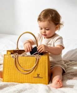 Mustard Yellow Crocodile Textured Leather Candy Handbag with Gold Handles