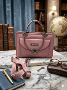 Stylish Women's Pink Leather Handbag with Metal Handle & Shoulder Strap